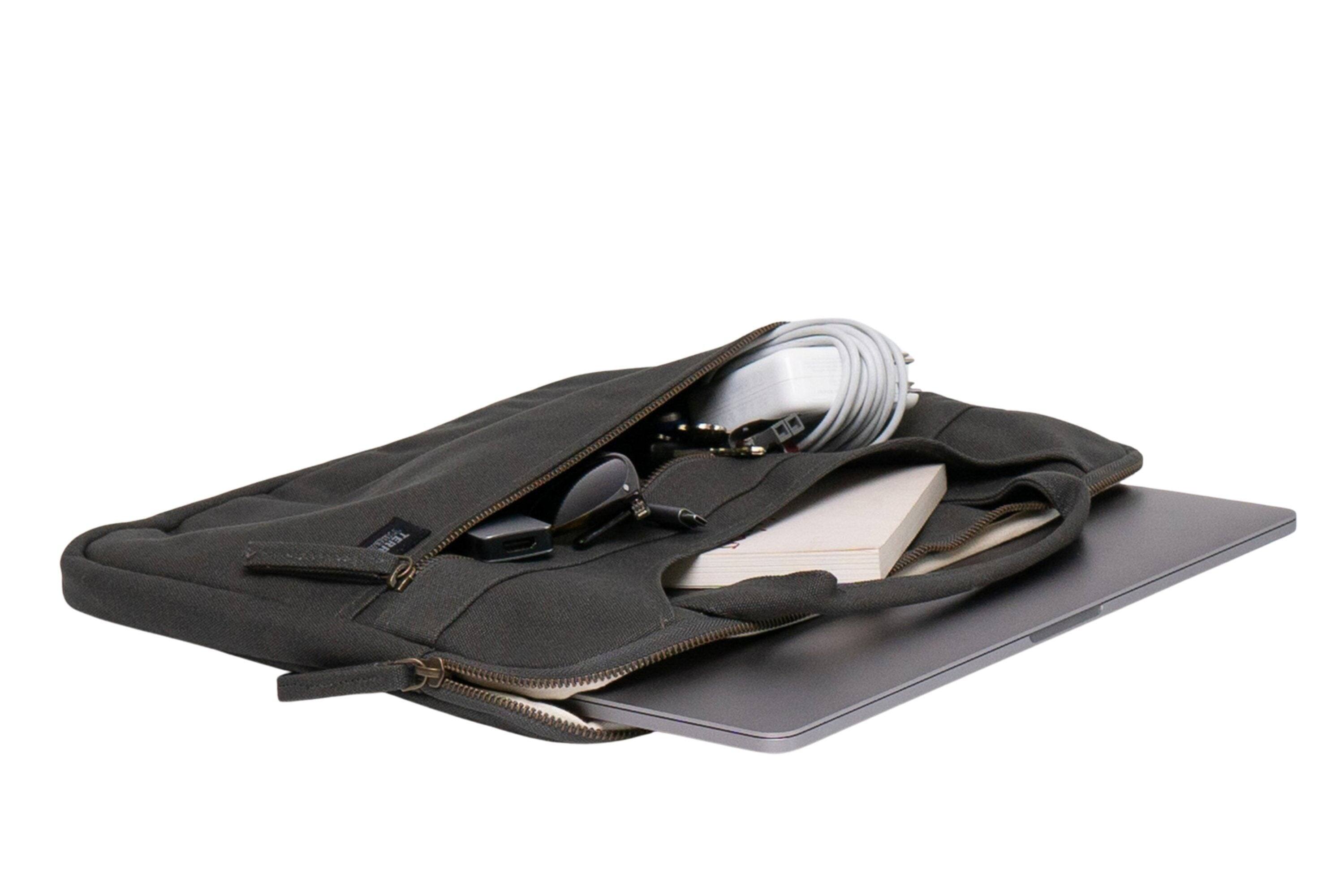 Left. Terra Thread - Organic Cotton Laptop Sleeve With Handles - Charcoal Grey.