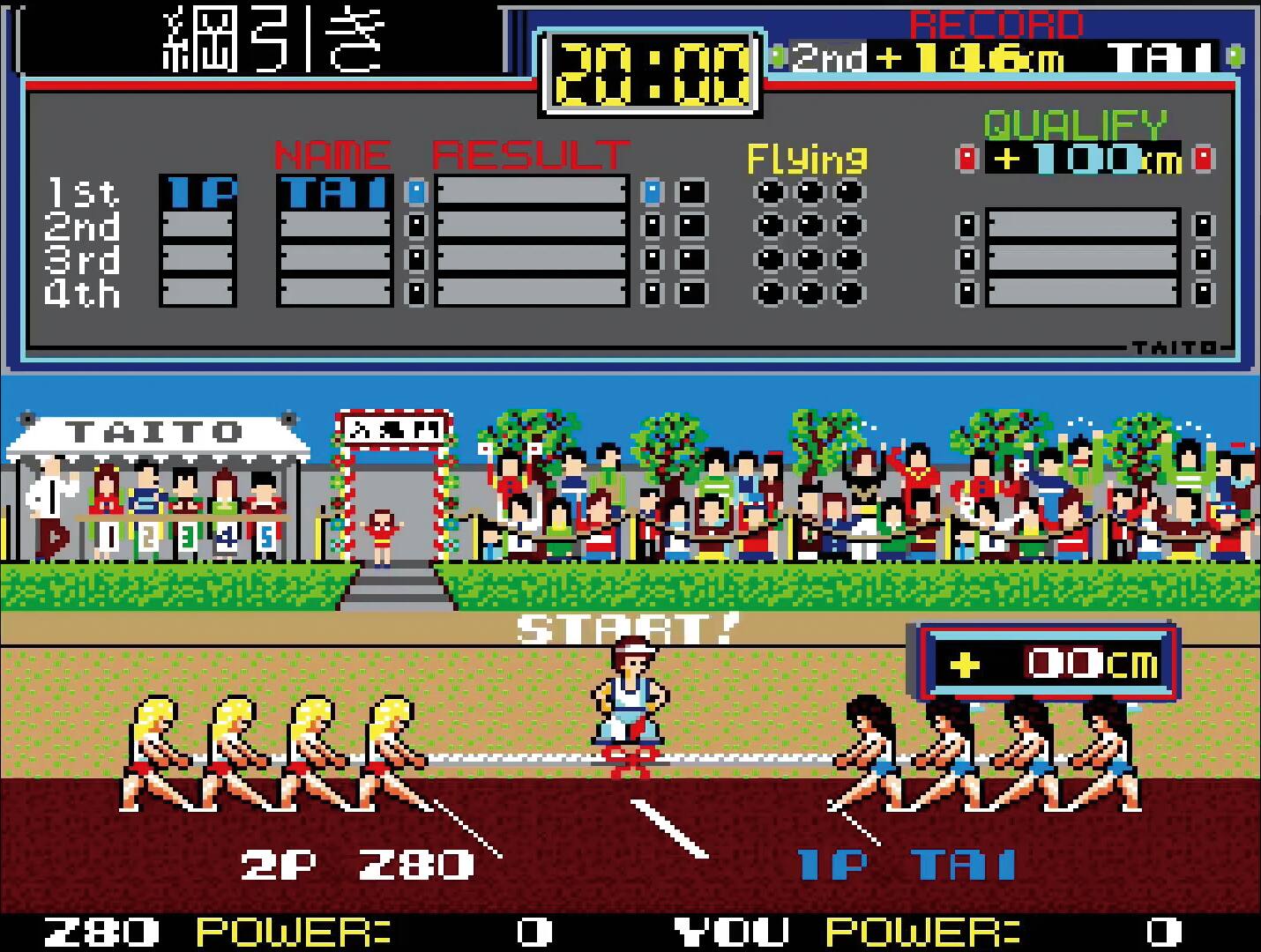 RECORD 2nd + 146m TANA 2 QUALIFY NAME RESULT Flying + Im 1st 1F TAI 2nd 4th : 3rd TAITO TAITO 2 E 5 STAT! RRRR + 00cm 2P 280 1P TA 280 POWER: YOU POWER: