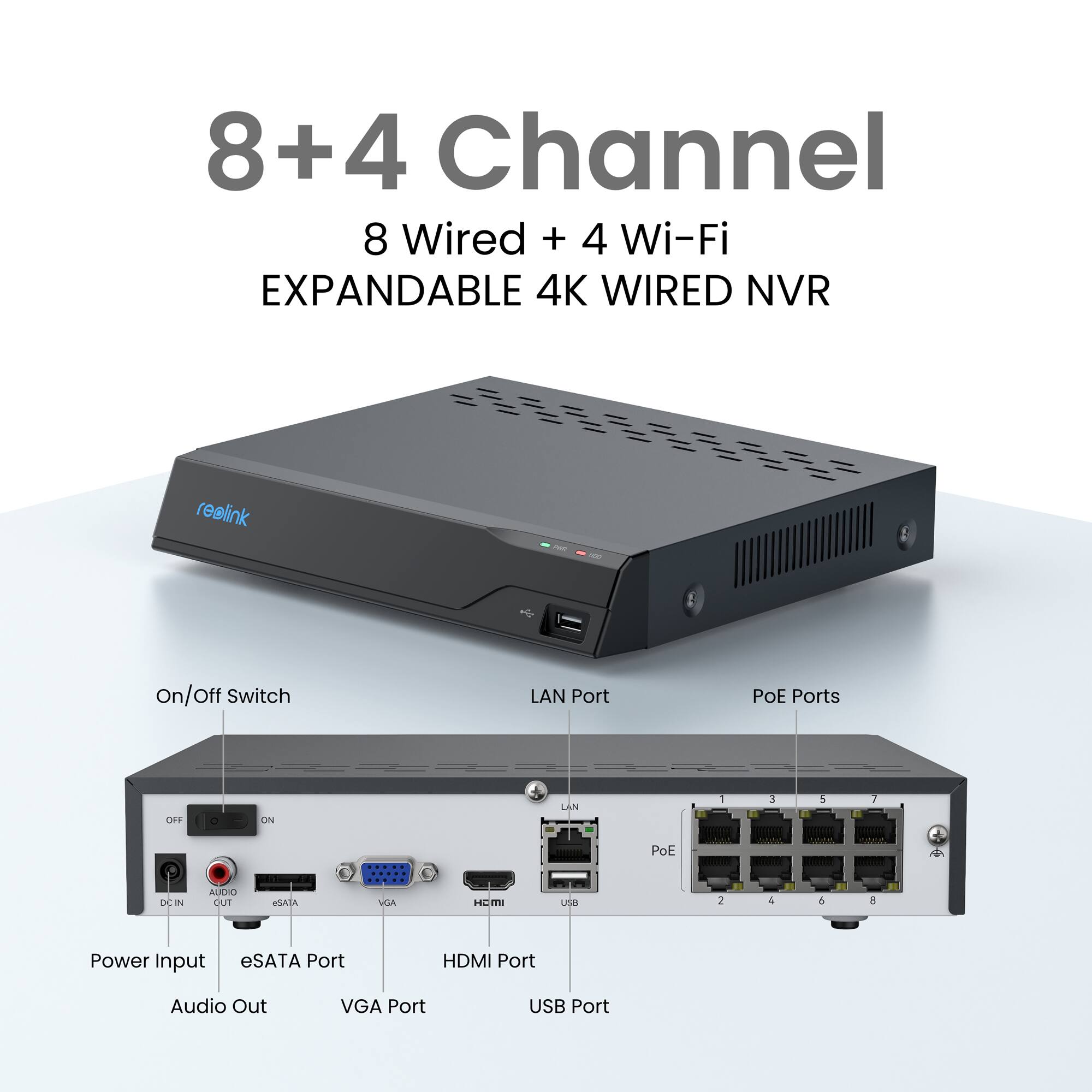 8+4 Channel  
8 Wired + 4 Wi-Fi  
EXPANDABLE 4K WIRED NVR  

- On/Off Switch  
- LAN Port  
- PoE Ports  
- Power Input  
- eSATA Port  
- HDMI Port  
- Audio Out  
- VGA Port  
- USB Port