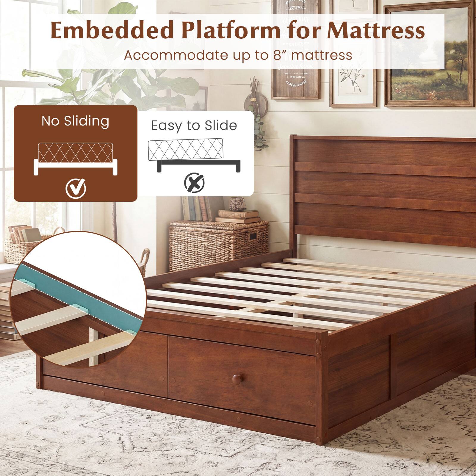 Embedded Platform for Mattress  
Accommodate up to 8" mattress  

No Sliding  
Easy to Slide