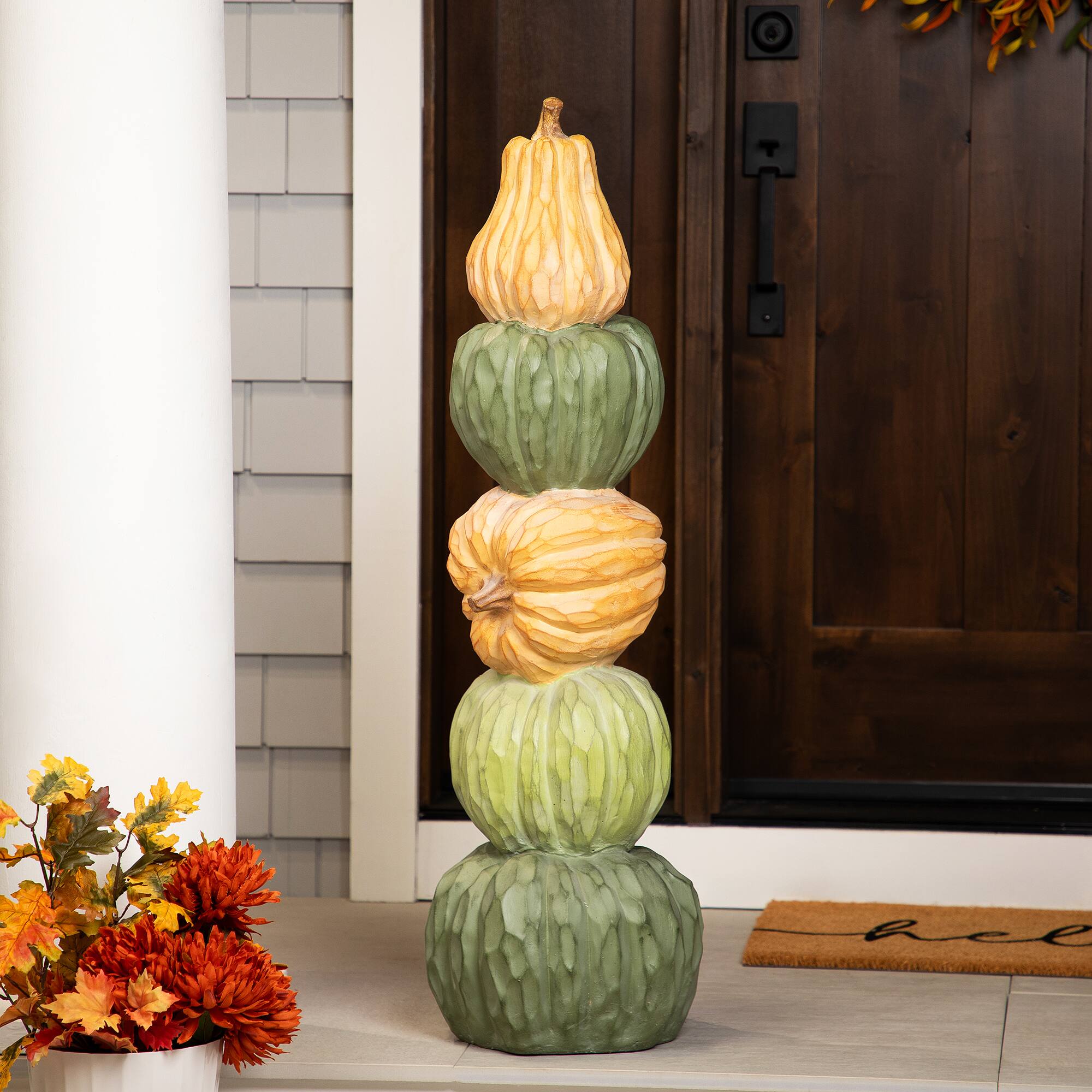 Front. Northlight - Carved Tri-Color Stacked Pumpkin Tower Fall Harvest Decoration - 42.5" - Orange.