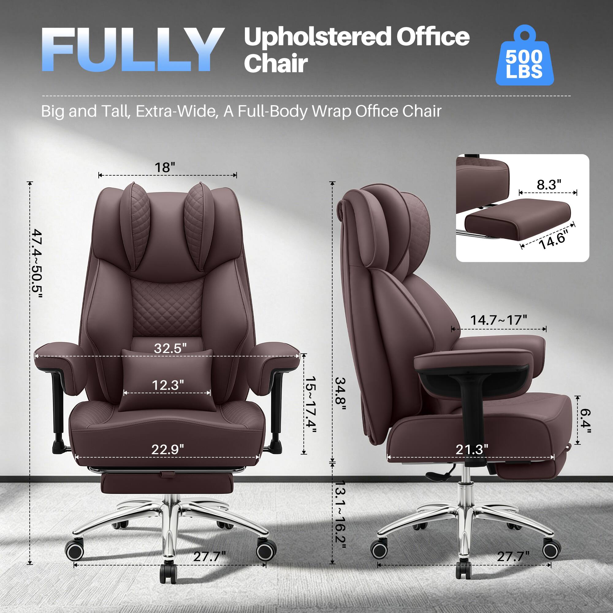 KERDOM 500lbs Big Tall Executive Chair, Height & Depth Adjustable ...