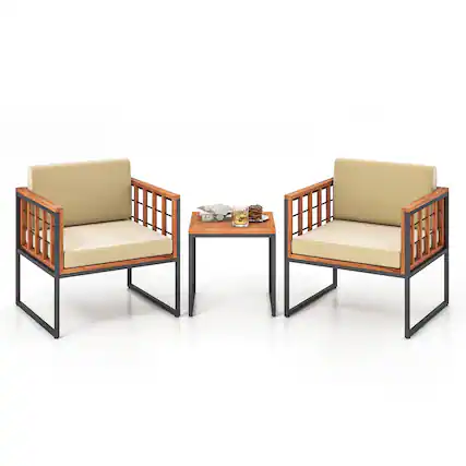 Front. Gymax - Gymax 3 Pieces Patio Furniture Set Acacia Wood Bistro Conversation Set w/ 2 Cushioned Chairs Beige - Beige, Natural, Black.
