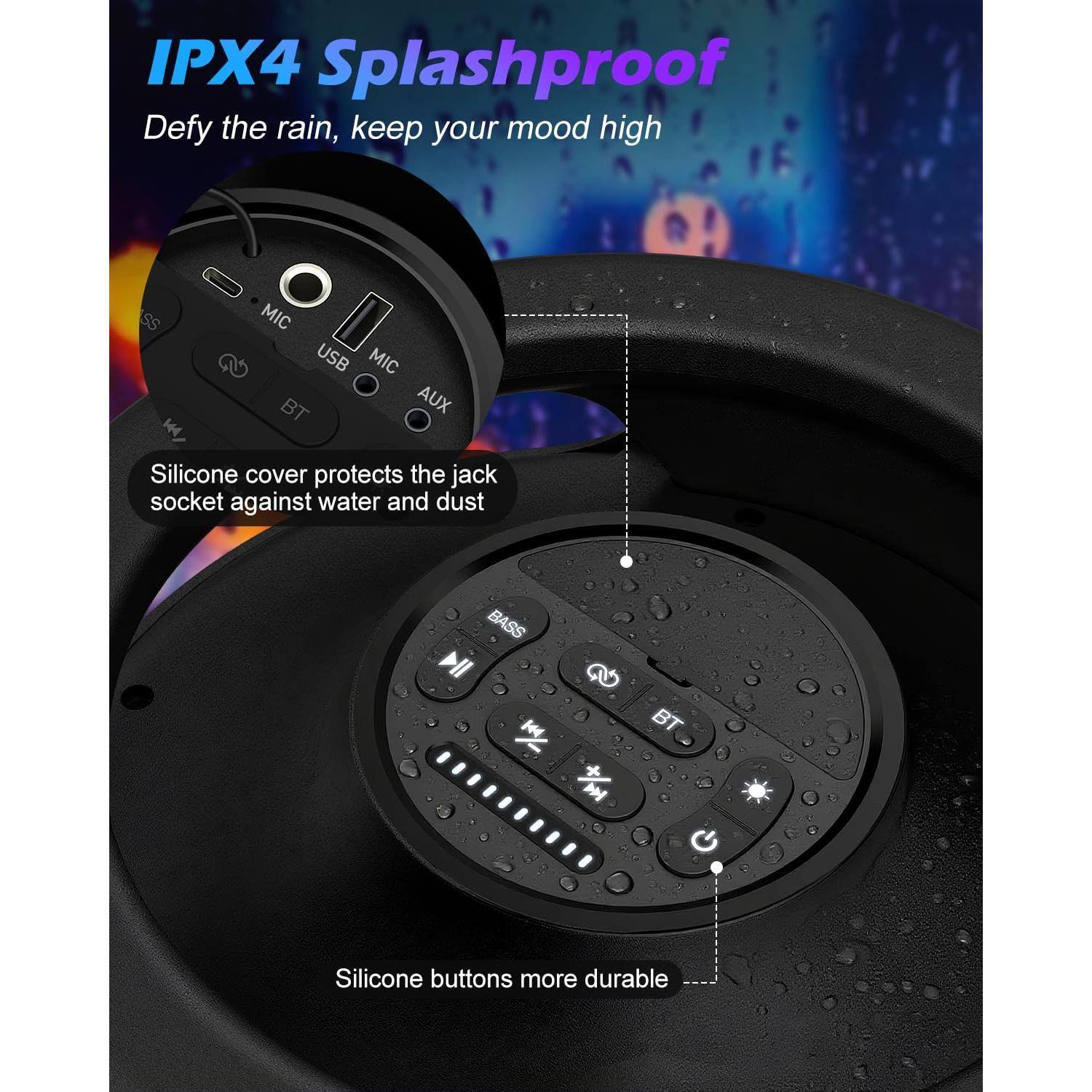 IPX4 Splashproof  
Defy the rain, keep your mood high  

Silicone cover protects the jack socket against water and dust  

Silicone buttons more durable