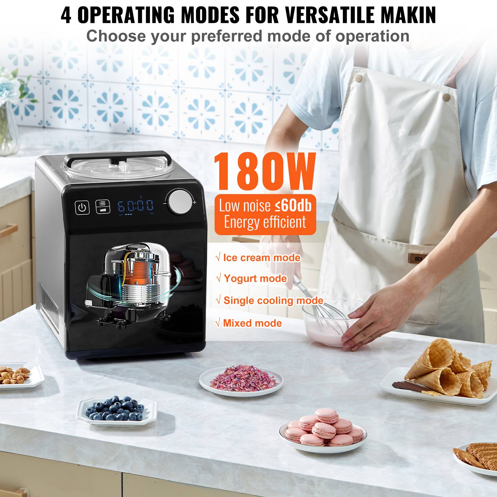 4 OPERATING MODES FOR VERSATILE MAKING  
Choose your preferred mode of operation  

180W  
Low noise ≤60dB  
Energy efficient  

- Ice cream mode  
- Yogurt mode  
- Single cooling mode  
- Mixed mode