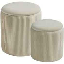 Fabibe - Round Set of 2 Ottoman with Storage-Upholstered Velvet Vanity Stool for Makeup Multifunctional Ottomans Coffee Table - White Engineered Wood