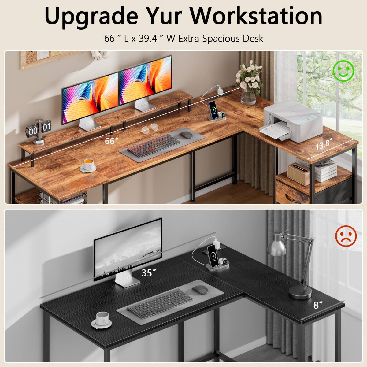 Furnulem L Shaped Computer Desk with File Drawers Power Outlets LED ...