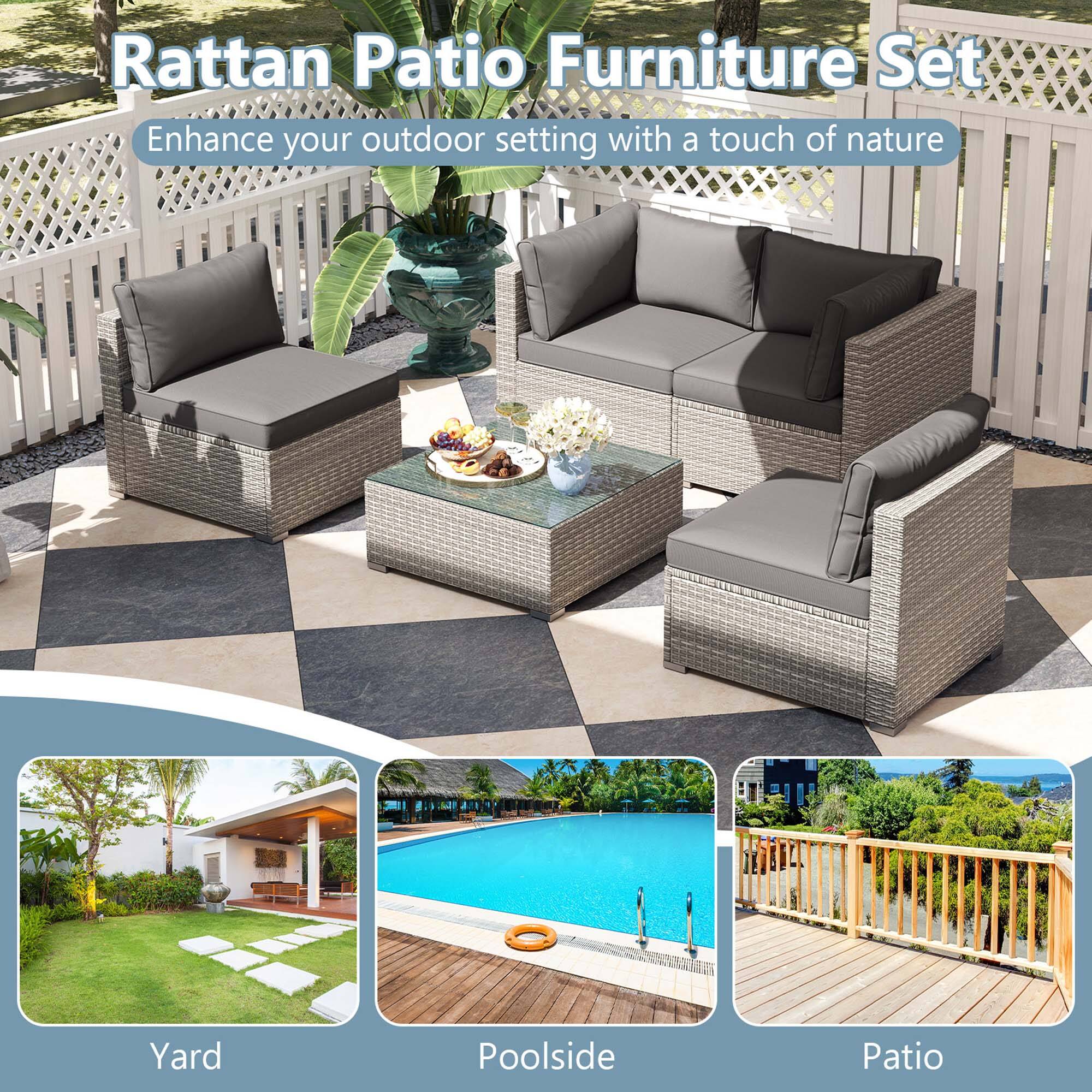 Rattan Patio Furniture Set  
Enhance your outdoor setting with a touch of nature  

Yard  
Poolside  
Patio