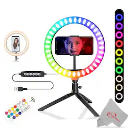 Vivitar - Vlog Essentials 10 Inch Full Color RGB LED Ring Light 360° Rotation with Phone Cradle Remote and Tripod - Black