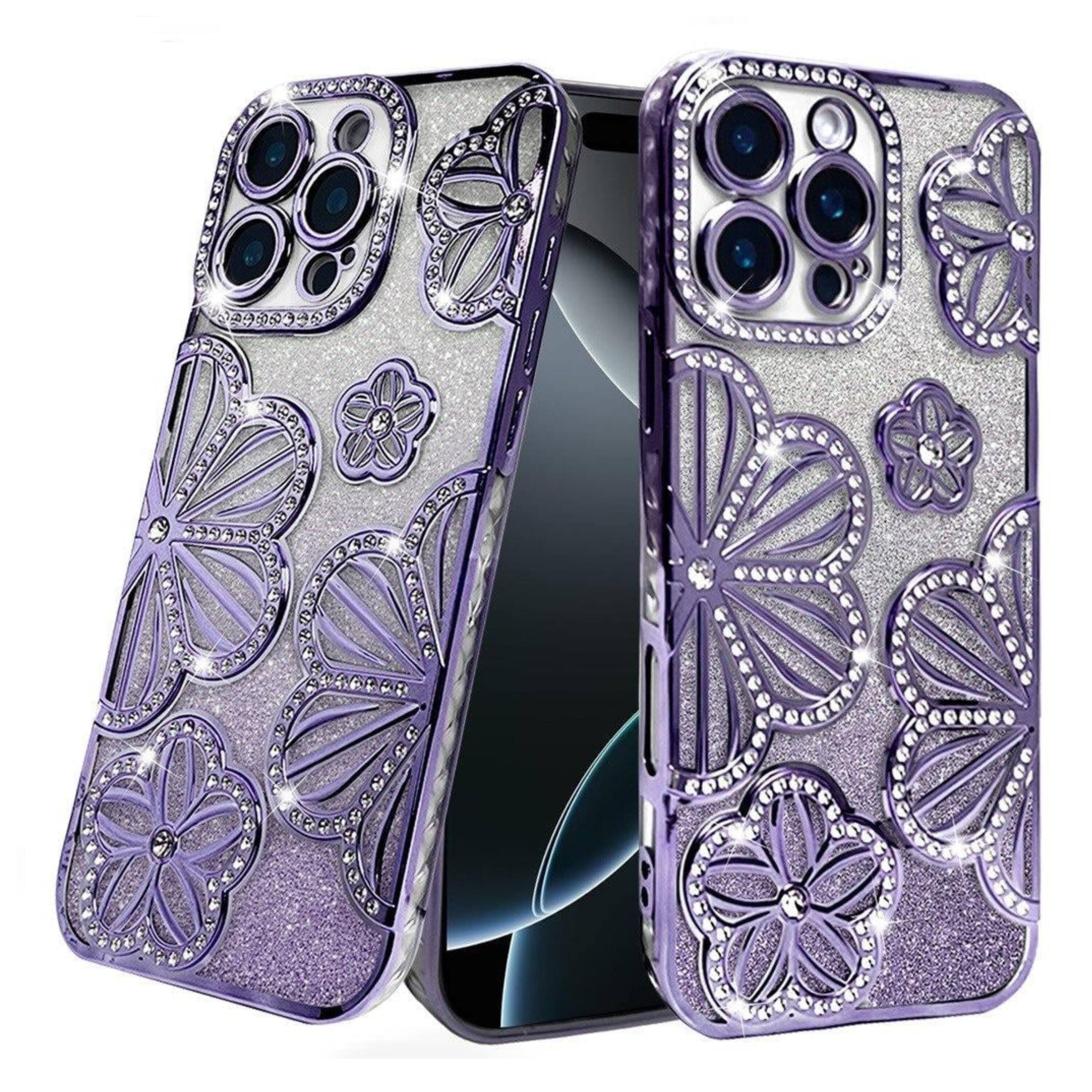 Front. Kitcheniva - Bling Floral 3D Glitter Case With Tempered Glass For iPhone 16 Pro Max Purple - Purple.