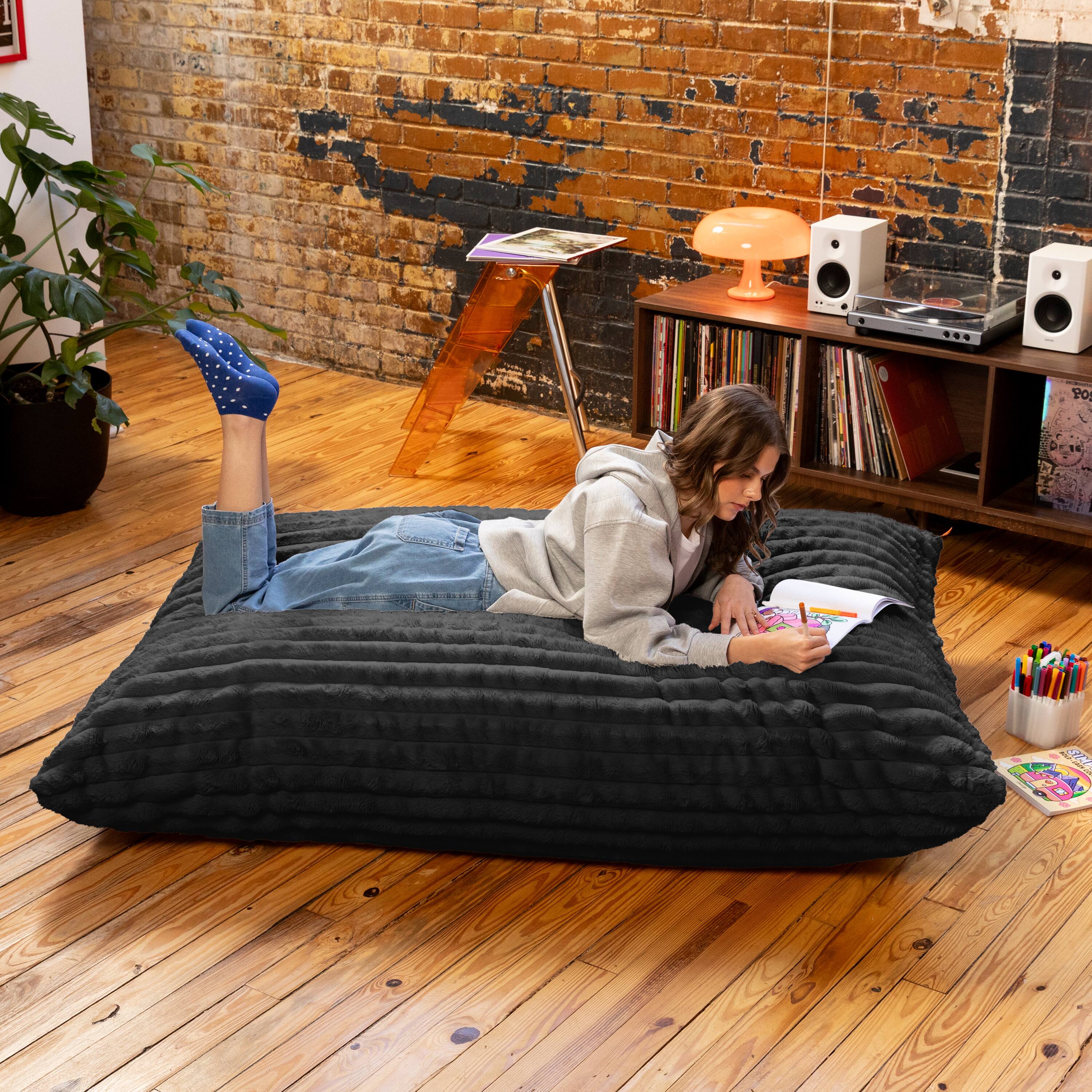 Alt View 1. Jaxx - Jaxx Pillow Saxx 5.5-Foot Faux Fur - Luxuriously Soft Bean Bag Floor Pillow and Lounger, Mondo Black - Faux Fur Black.