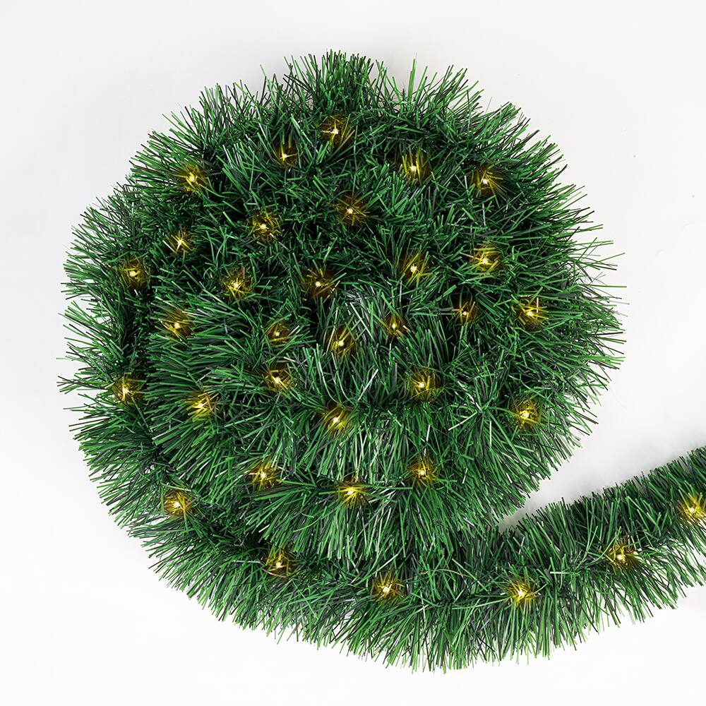 Front. MOVSSOU - 50 Ft Christmas Garland 100 LED Pre-lit Garland Green Artificial Pine Decorative Garland Xams Decor Warm White Lights - green.