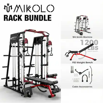 MIKOLLO RACK BUNDLE
M4 Smith Machine
1200 LBS WEIGHT CAPACITY
FID Weight Bench
Cable Accessories