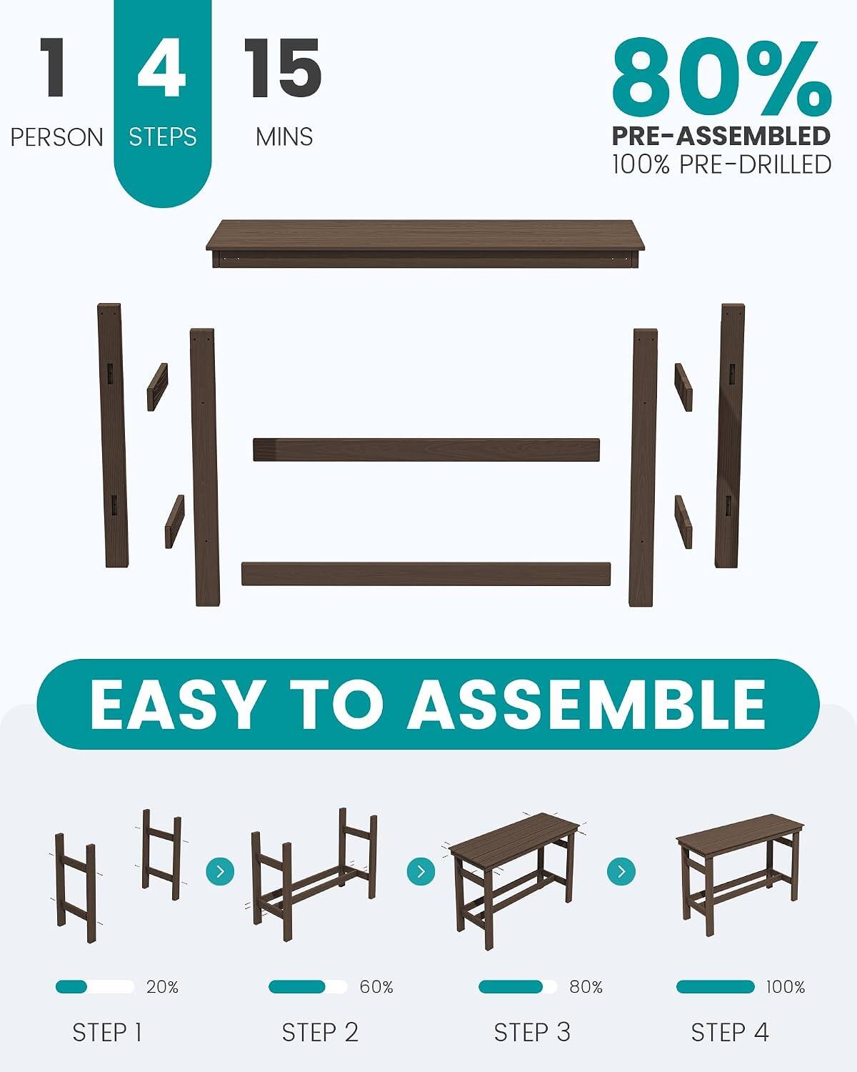 1 PERSON  
4 STEPS  
15 MINS  
80% PRE-ASSEMBLED  
100% PRE-DRILLED  
EASY TO ASSEMBLE  
20%  
60%  
80%  
100%  
STEP 1  
STEP 2  
STEP 3  
STEP 4