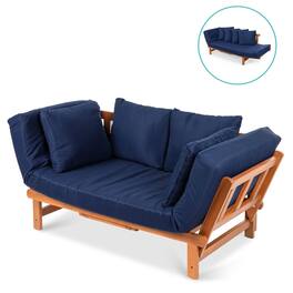 Hivvago - Outdoor Acacia Wood Convertible Sofa Futon with 4 Removable Pillows - Navy Blue