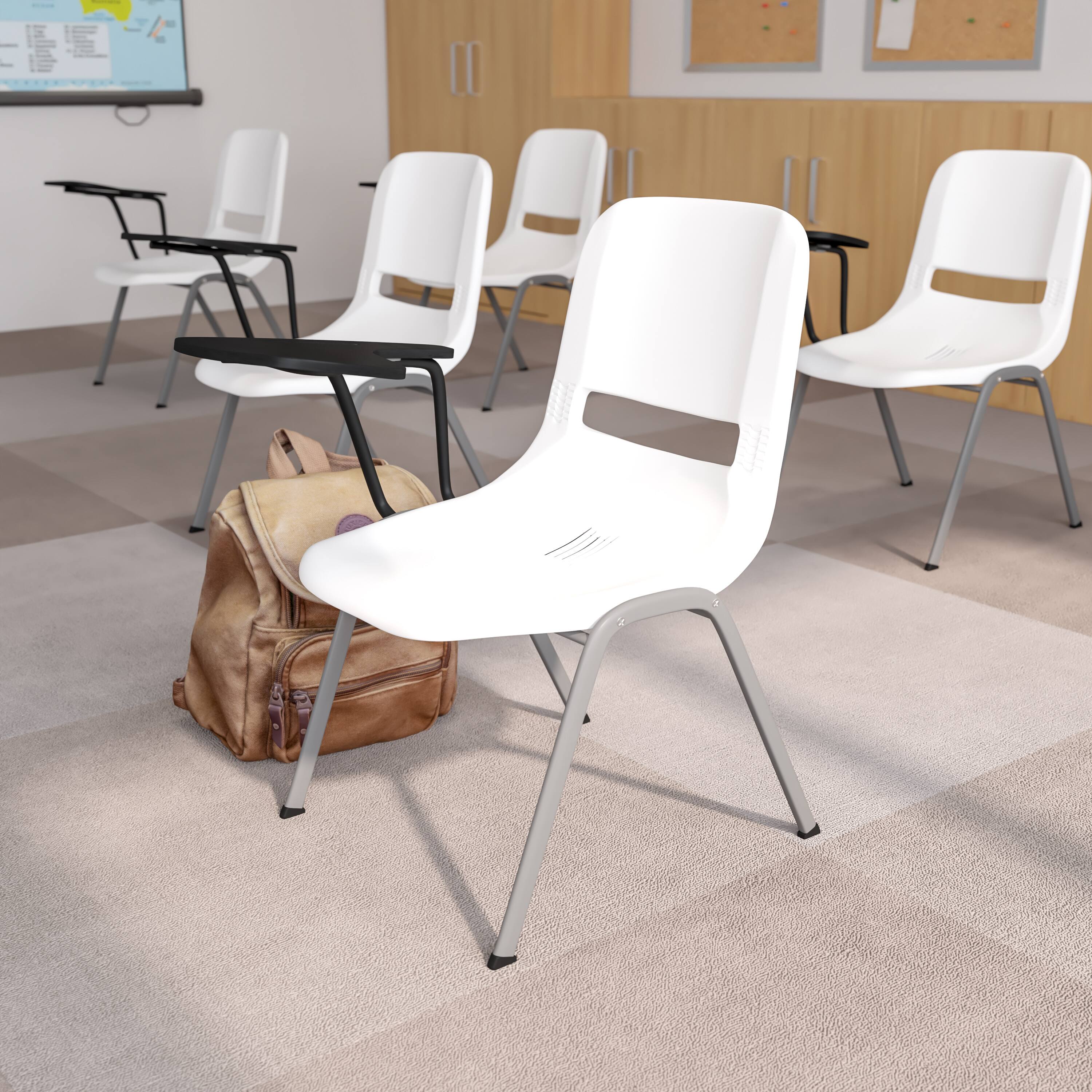 Alt View 1. Emma + Oliver - Ergonomic Shell Chair with Right Handed Flip-Up Tablet - Tablet Arm Desk - White.