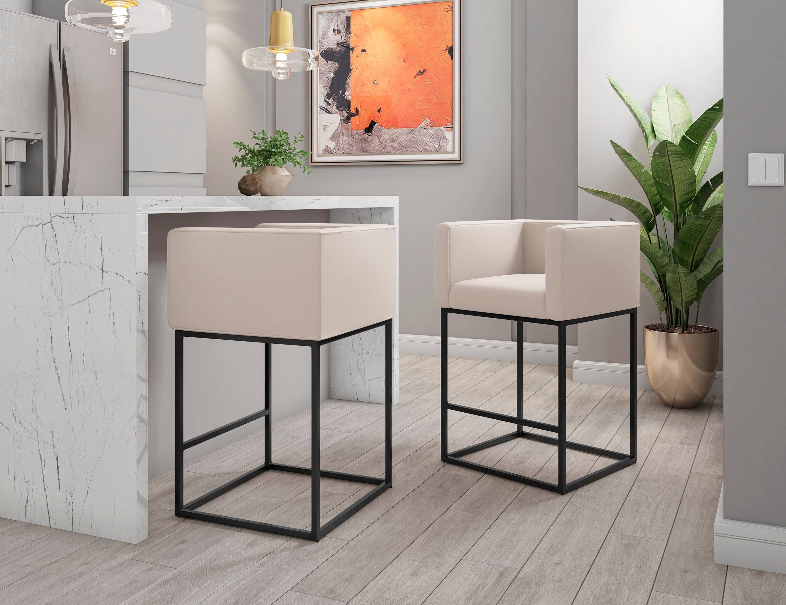Angle. Manhattan Comfort - Embassy Mid-Century Modern Metal Upholstered Counter Stool - Set of 2 - Cream.