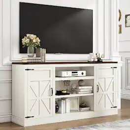 Espafurni - 66" Farmhouse TV Stand w/Power Outlet, 33"H, Adjustable Shelves & Storage – Fits 75" TV - White
