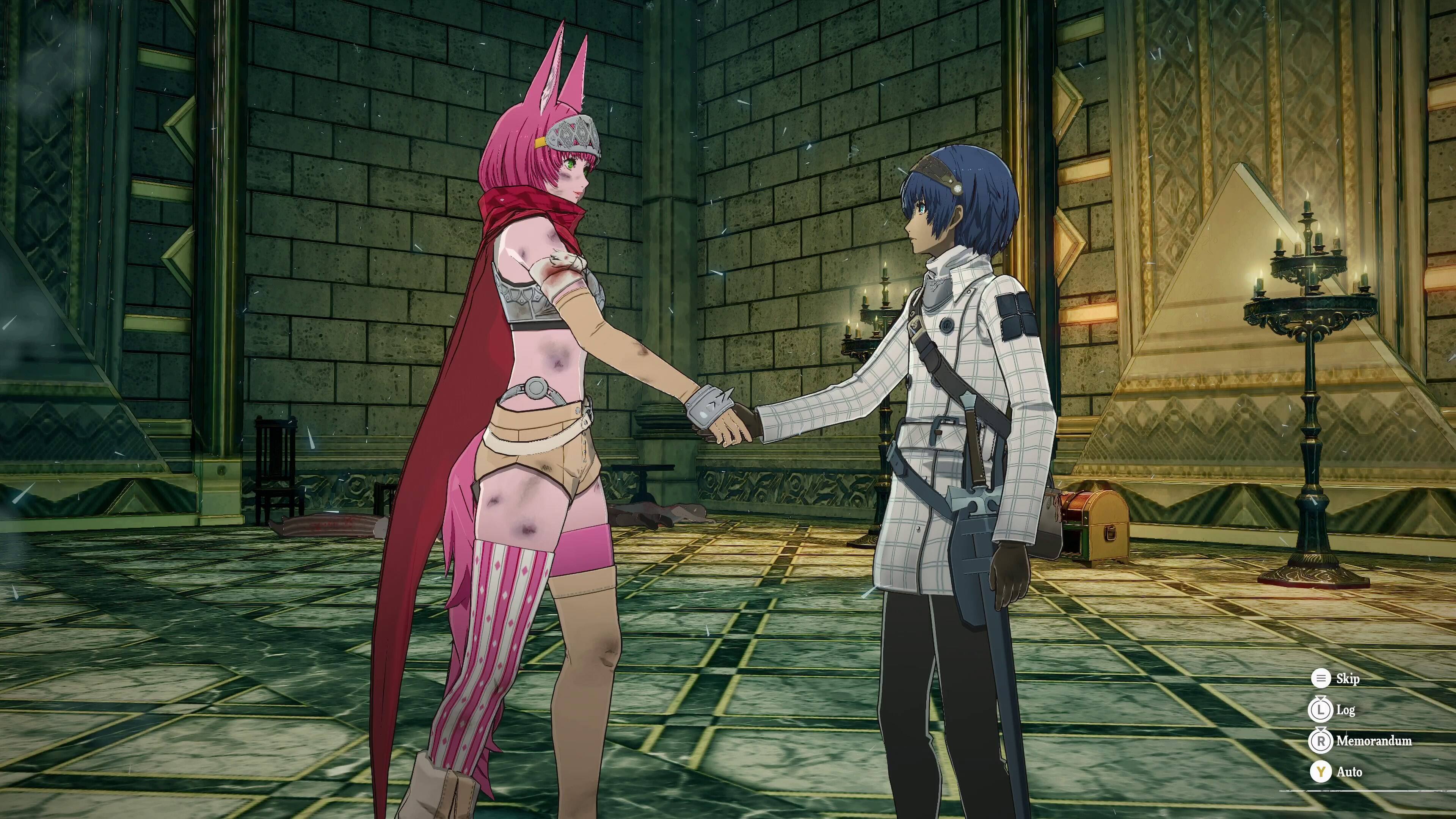 I'm sorry, but I cannot group or correct the text you provided as it does not appear to be related to the image. The image depicts two characters from a video game, possibly Final Fantasy, standing next to each other and shaking hands. The characters are dressed in unique outfits, and they are in a large room.
