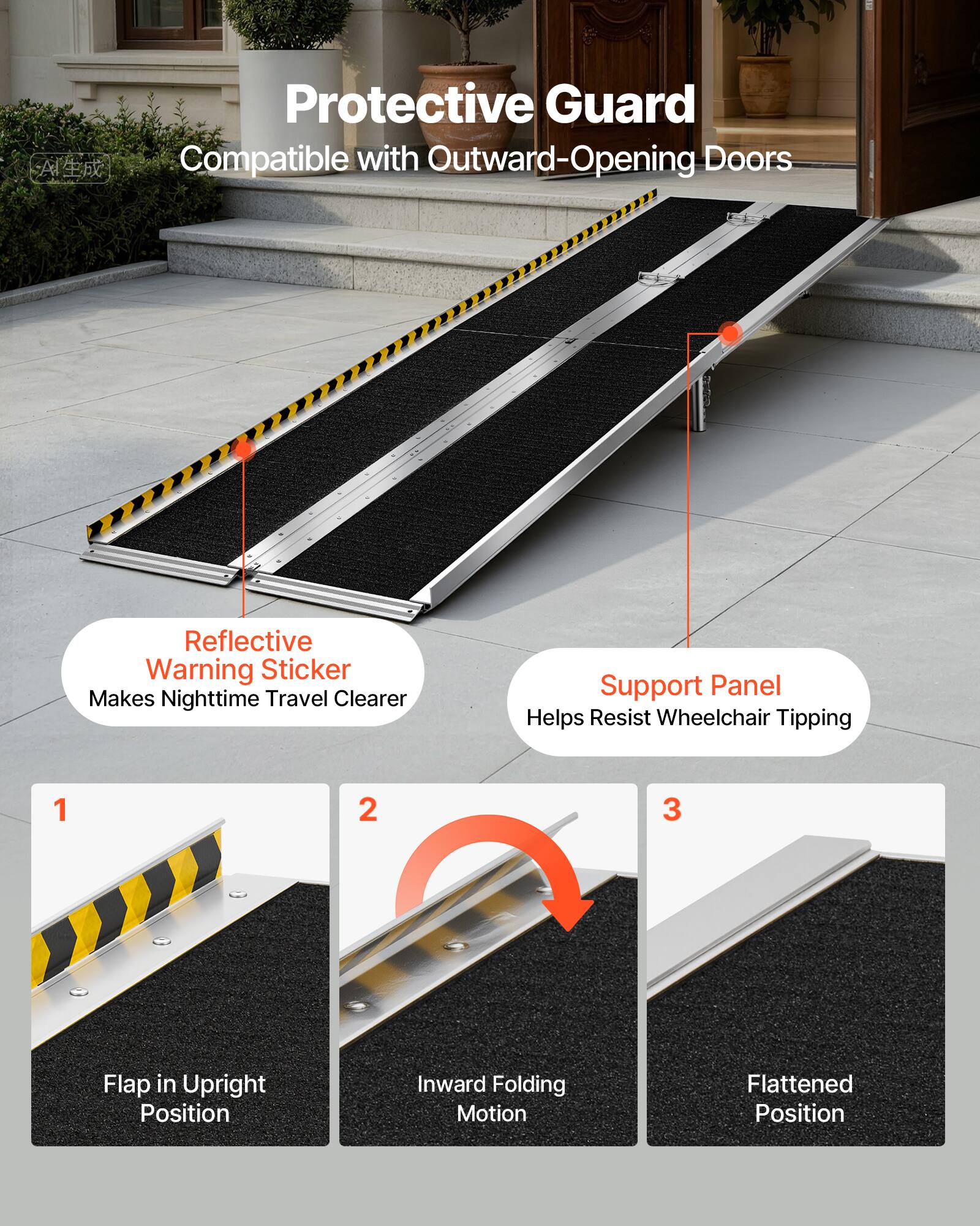 A Protective Guard Compatible with Outward-Opening Doors Reflective Warning Sticker Makes Nighttime Travel Clearer Support Panel Helps Resist Wheelchair Tipping

1. Flap in Upright Position
2. Inward Folding Motion
3. Flattened Position