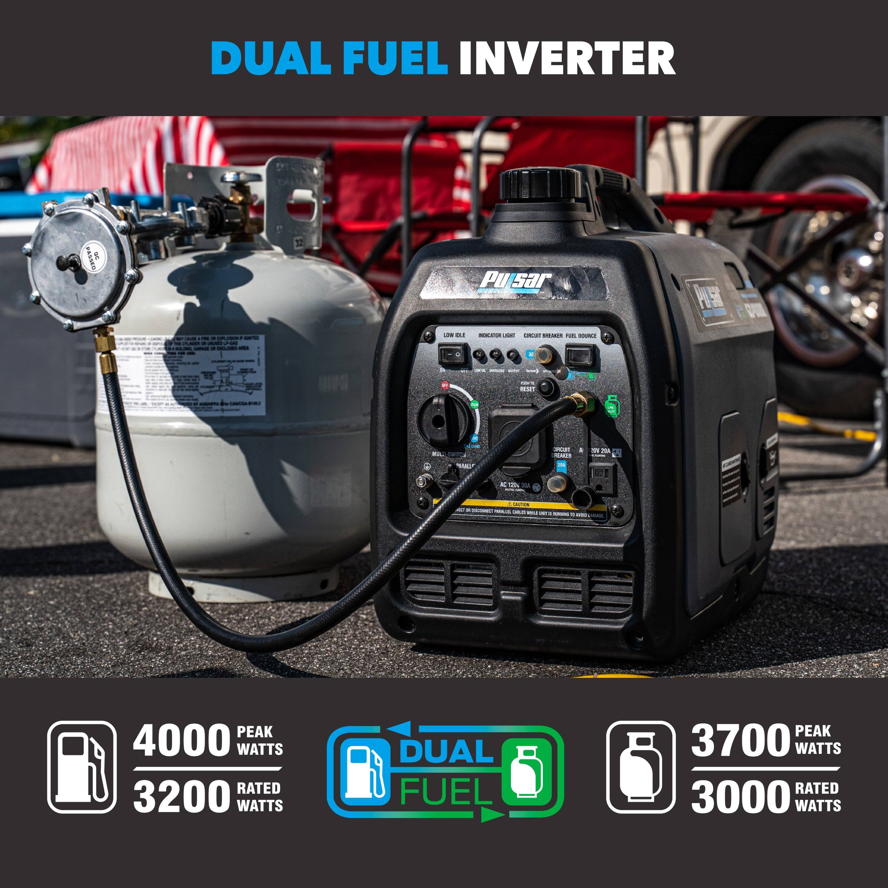 DUAL FUEL INVERTER

PEAK 4000 WATTS  
RATED 3200 WATTS

PEAK 3700 WATTS  
RATED 3000 WATTS