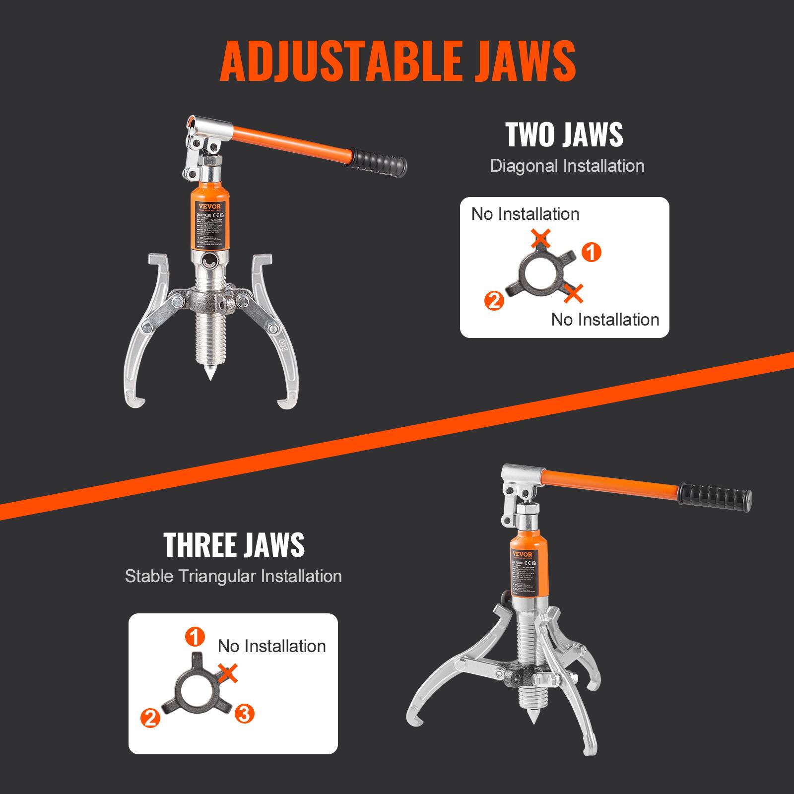 ADJUSTABLE JAWS

TWO JAWS
Diagonal Installation
No Installation
No Installation

THREE JAWS
Stable Triangular Installation
No Installation