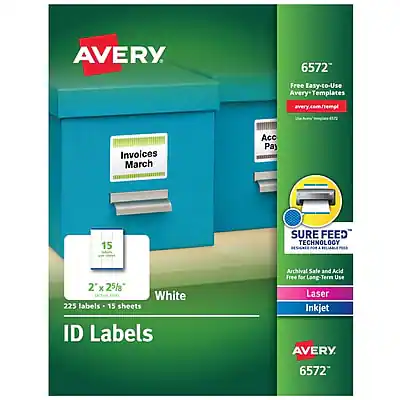 AVERY
6572
Free Easy-to-Use Avery Templates
avery.com/templates
Invoices March Acc Pay 15
SURE FEED TECHNOLOGY
2" x 2 5/8" White
225 labels - 15 sheets
ID Labels
Archival Safe and Acid Free for Long-Term Use
Laser Inkjet
AVERY
6572