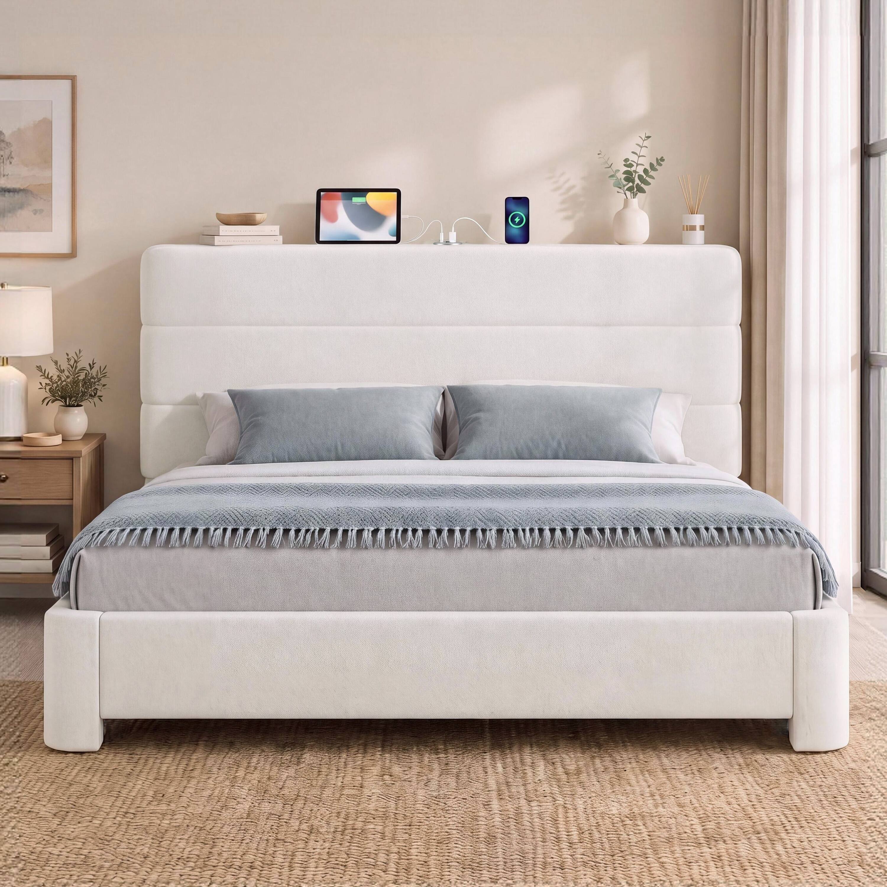 Angle. Vipbear - Q/K Upholstered Bed Frame with USB/Type-C Charging, Platform Bed, No Box Spring Needed, Works with 8–14" Mattresses - Off-white.