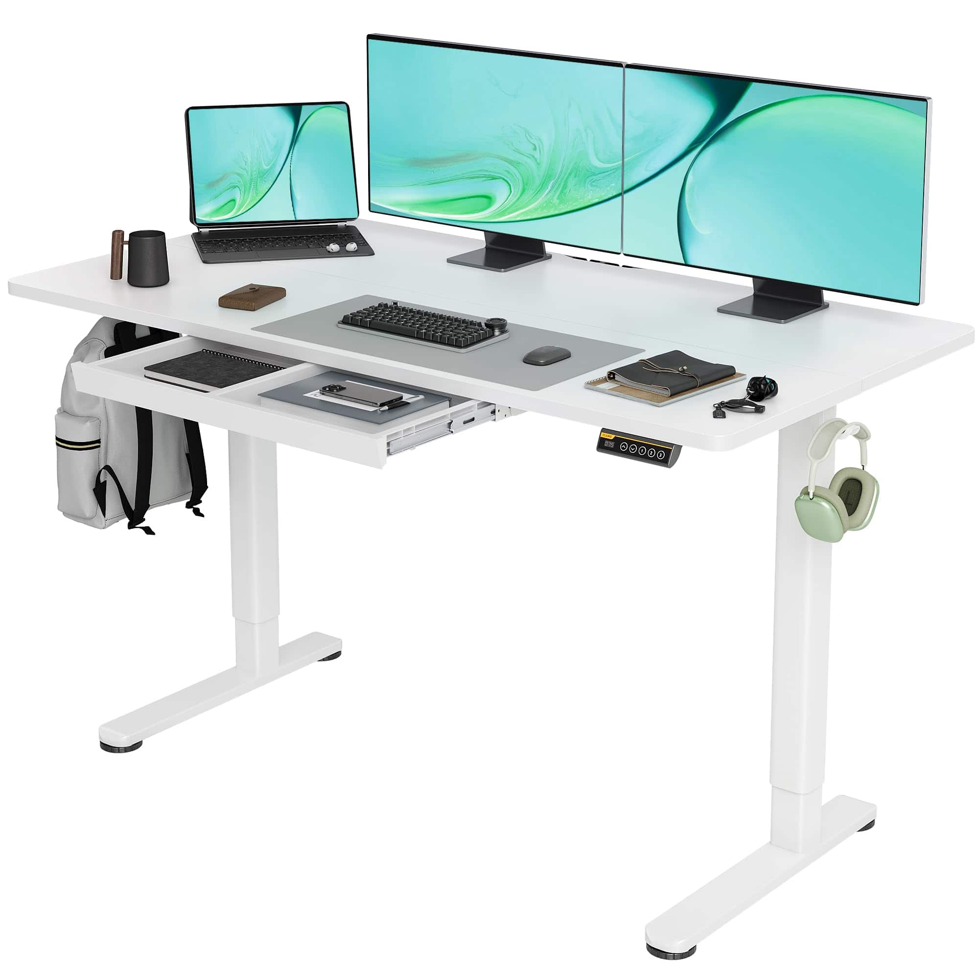 Hirose Alice - Claiks Standing Desk with Drawers, Electric Stand Up Desk Adjustable Height Sit Stand Computer Workstation - White 55 inch
