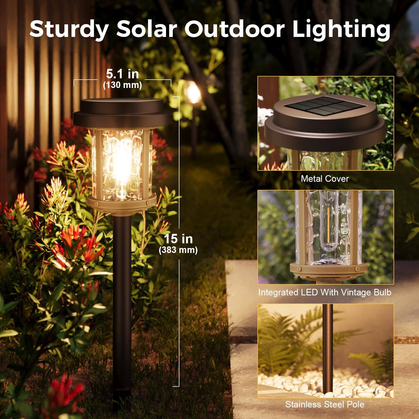 Sturdy Solar Outdoor Lighting

- 5.1 in (130 mm) Metal Cover
- 15 in (383 mm) Integrated LED With Vintage Bulb
- Stainless Steel Pole