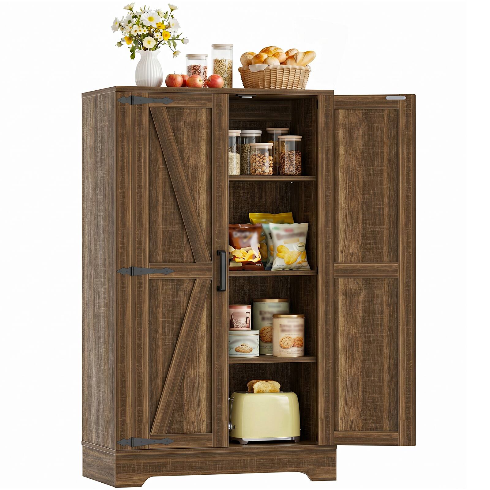 Angle. Aheaplus - 43.3'' Tall Small Farmhouse Pantry Cabinet with 3 Adjustable Shelves, 2 Door Pantry for Dining Room. Kitchen - Weathered Brown.