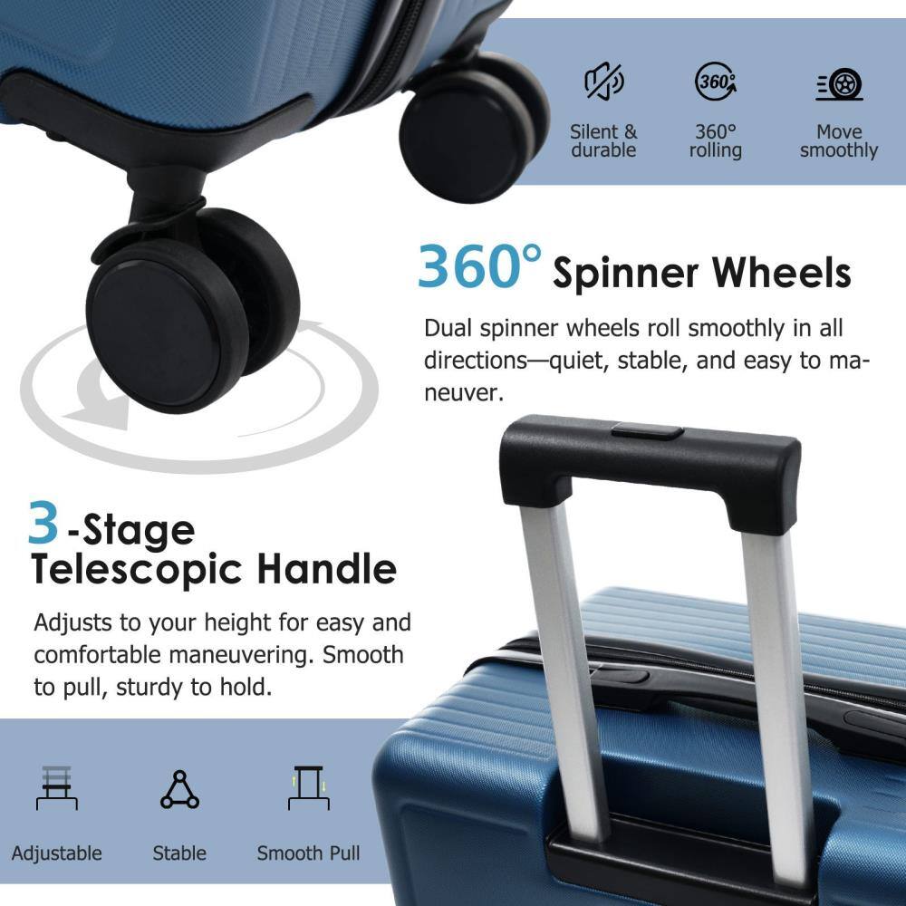 360° Spinner Wheels  
Dual spinner wheels roll smoothly in all directions—quiet, stable, and easy to maneuver.

3-Stage Telescopic Handle  
Adjusts to your height for easy and comfortable maneuvering. Smooth to pull, sturdy to hold.

Silent & durable  
360° rolling  
Move smoothly

Adjustable  
Stable  
Smooth Pull