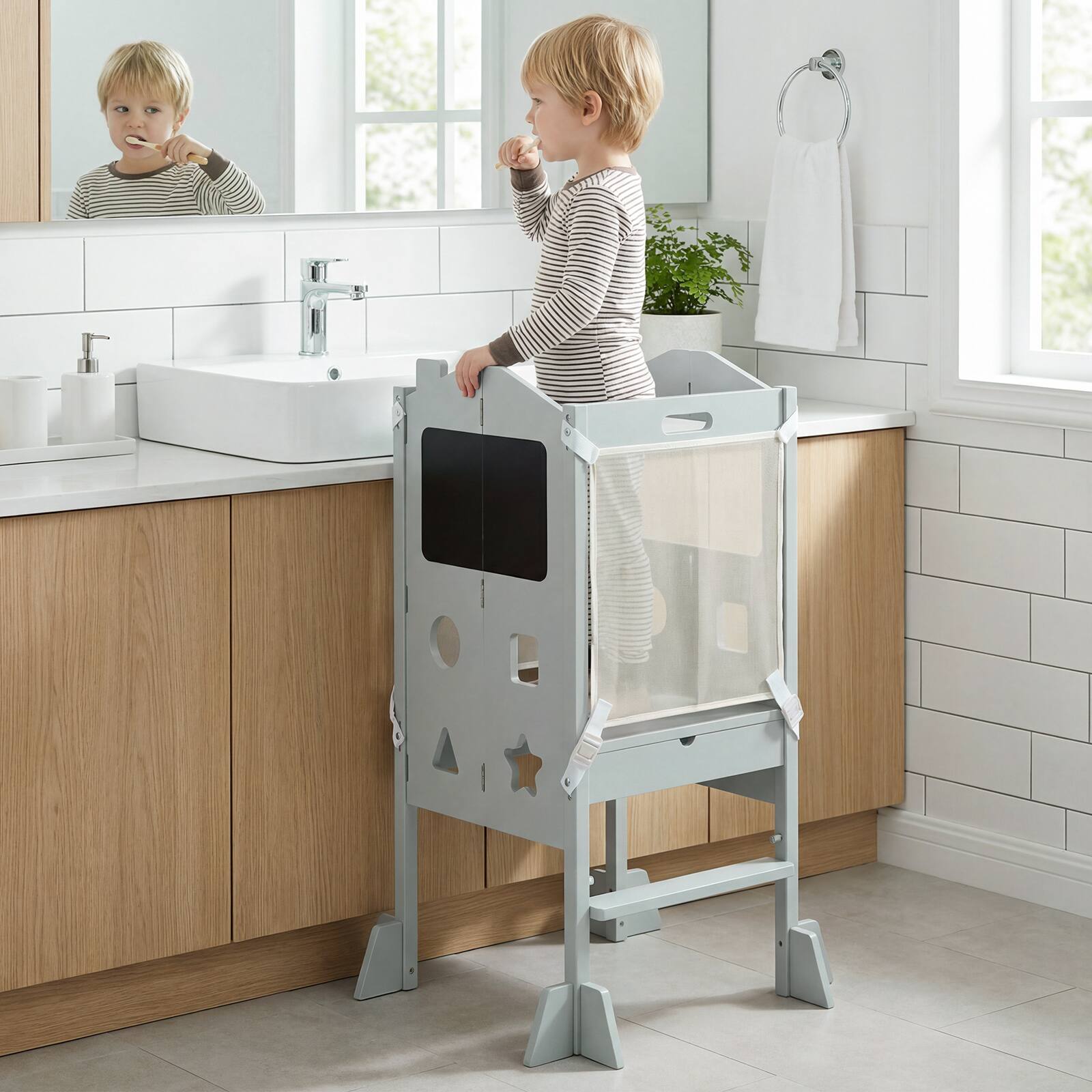 Alt View 1. Gymax - Gymax Foldable Toddler Step Stool w/Chalkboards 2-Step Stool Hollowed-out Patterns Grey - Grey.