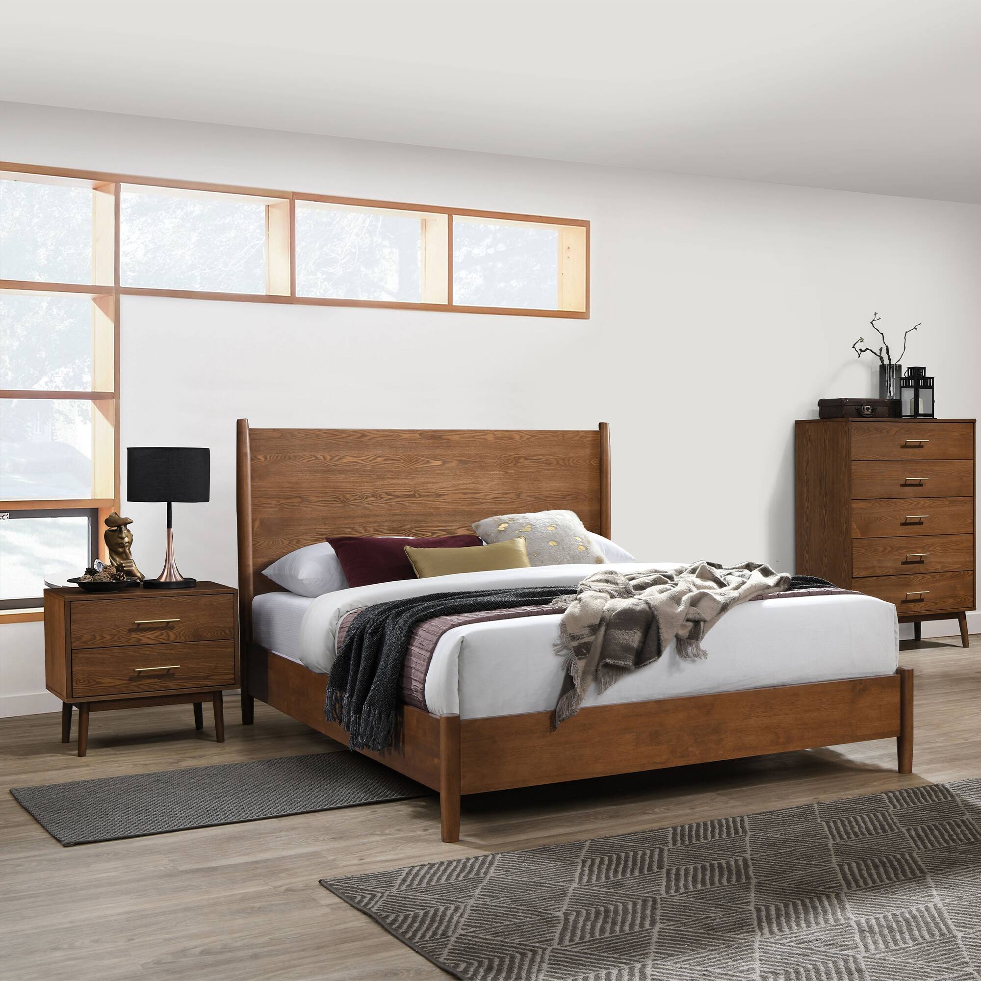 Left. Vaczon - Modern Walnut Nightstand with Solid Wood Sleek Nickel Handles and Tip-Resistant Design - Walnut.