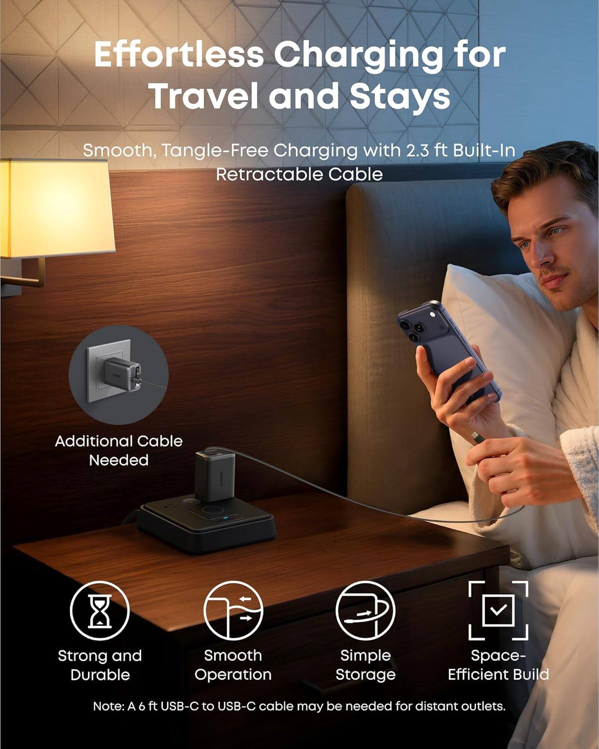Effortless Charging for Travel and Stays

Smooth, Tangle-Free Charging with 2.3 ft Built-In Retractable Cable

Additional Cable Needed

Strong and Durable

Smooth Operation

Simple Storage

Space-Efficient Build

Note: A 6 ft USB-C to USB-C cable may be needed for distant outlets.