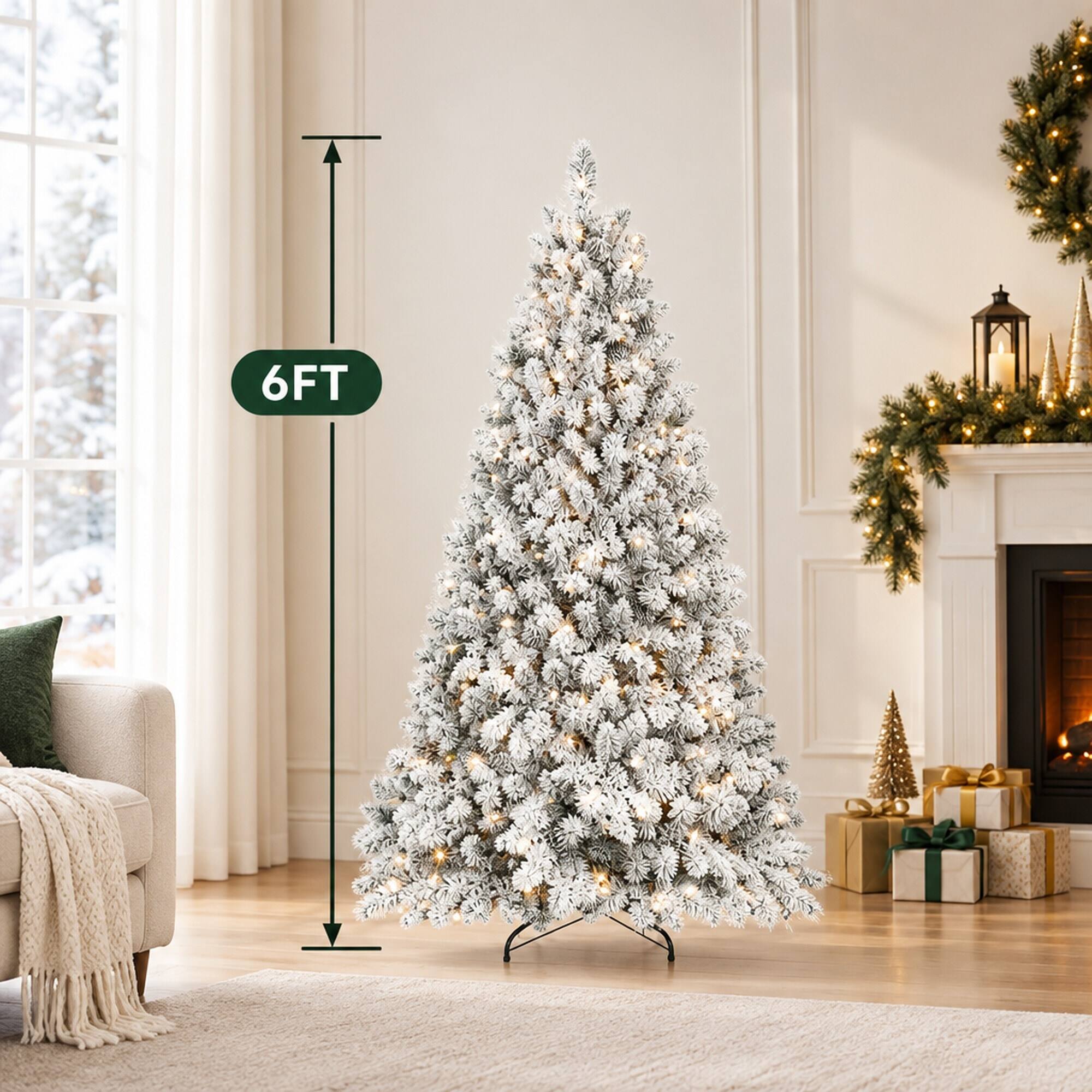 Alt View 3. RYHNUYNE - 4.5FT Flocked Pre-Lit Christmas Tree With 250 Lights and 24 Pine Cones, 498 Snowy Tips and Metal Stand - Green,White.