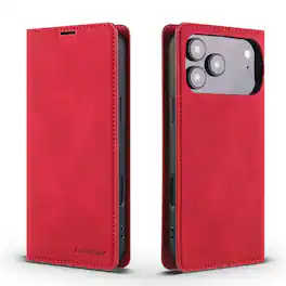 Dteck - Magnetic Case For iPhone 18 Pro Max, Shockproof Wallet Card Pocket Viewing Kickstand Protective Folio PU Leather Cover - Red