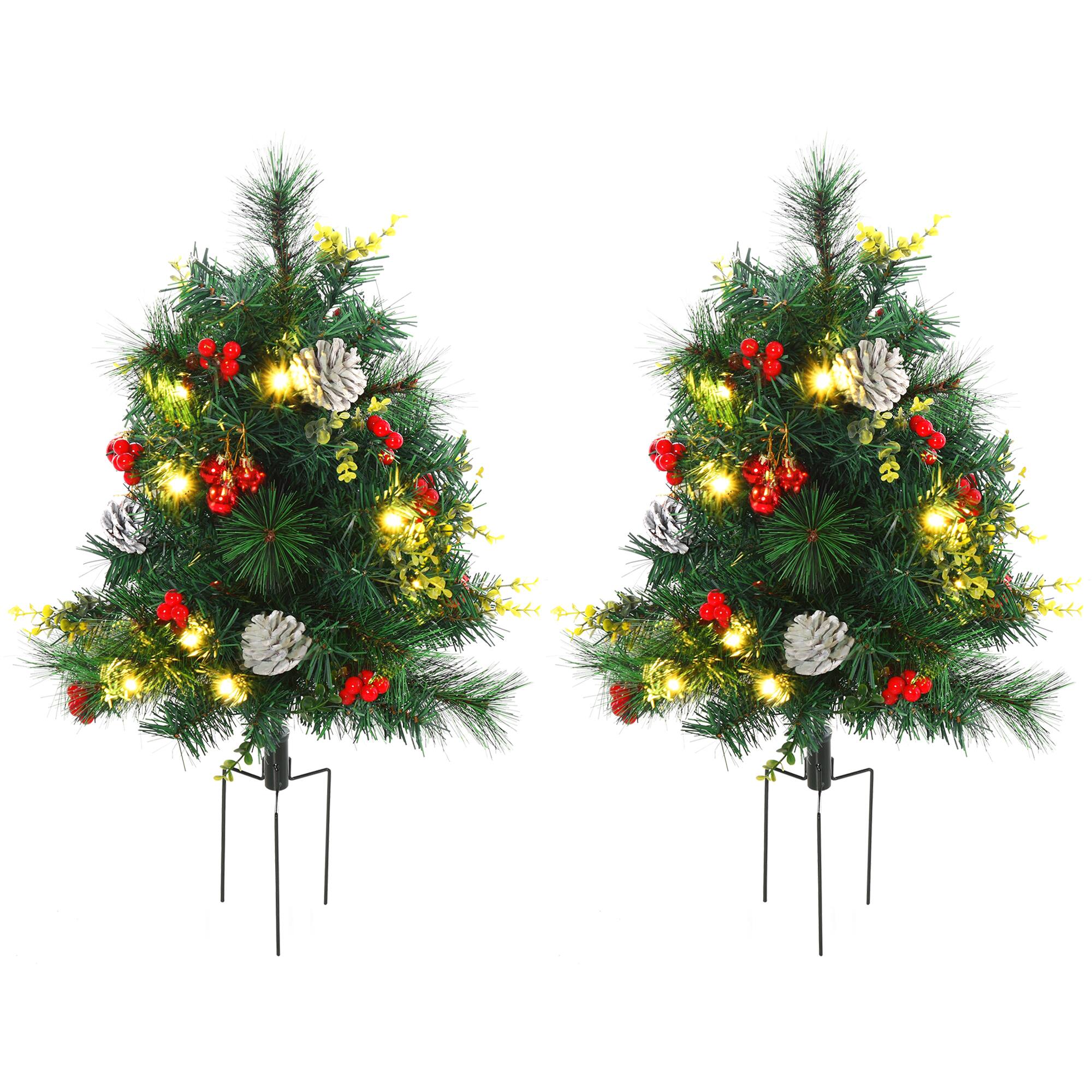 Alt View 1. Homcom - Christmas Tree 2-Pack Outdoor Pre-Lit Artificial Pine Cordless with 24 Warm White Lights and Stakes - Green.