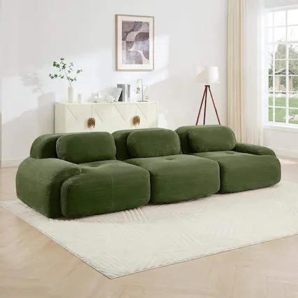 Front. Roomtec - 3seat sofa premiumCorduroy Fabric fabric modular multicombination antislip design no assembly curved armrests ergonomic - Olive Green.