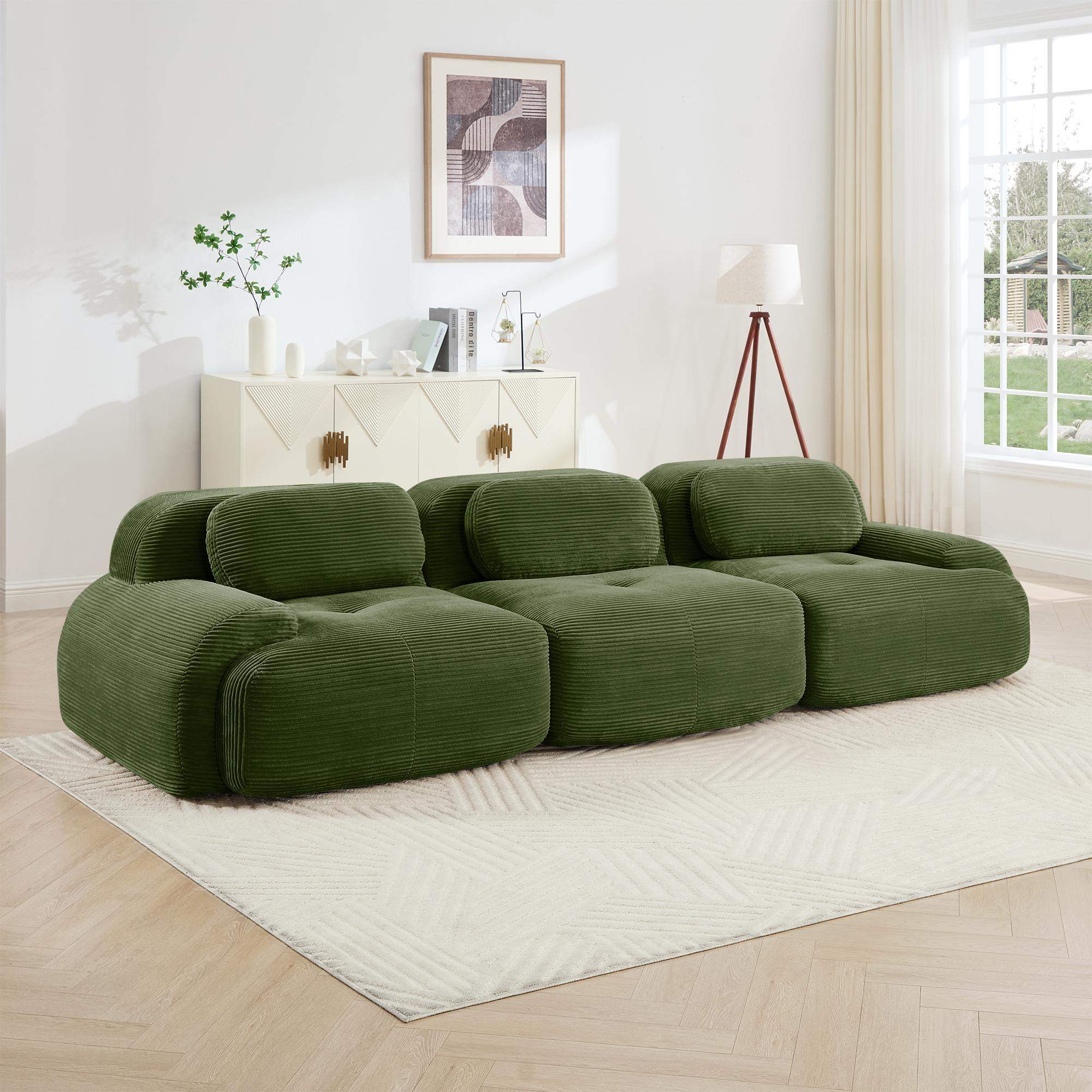 Front. Roomtec - 3seat sofa premiumCorduroy Fabric fabric modular multicombination antislip design no assembly curved armrests ergonomic - Olive Green.