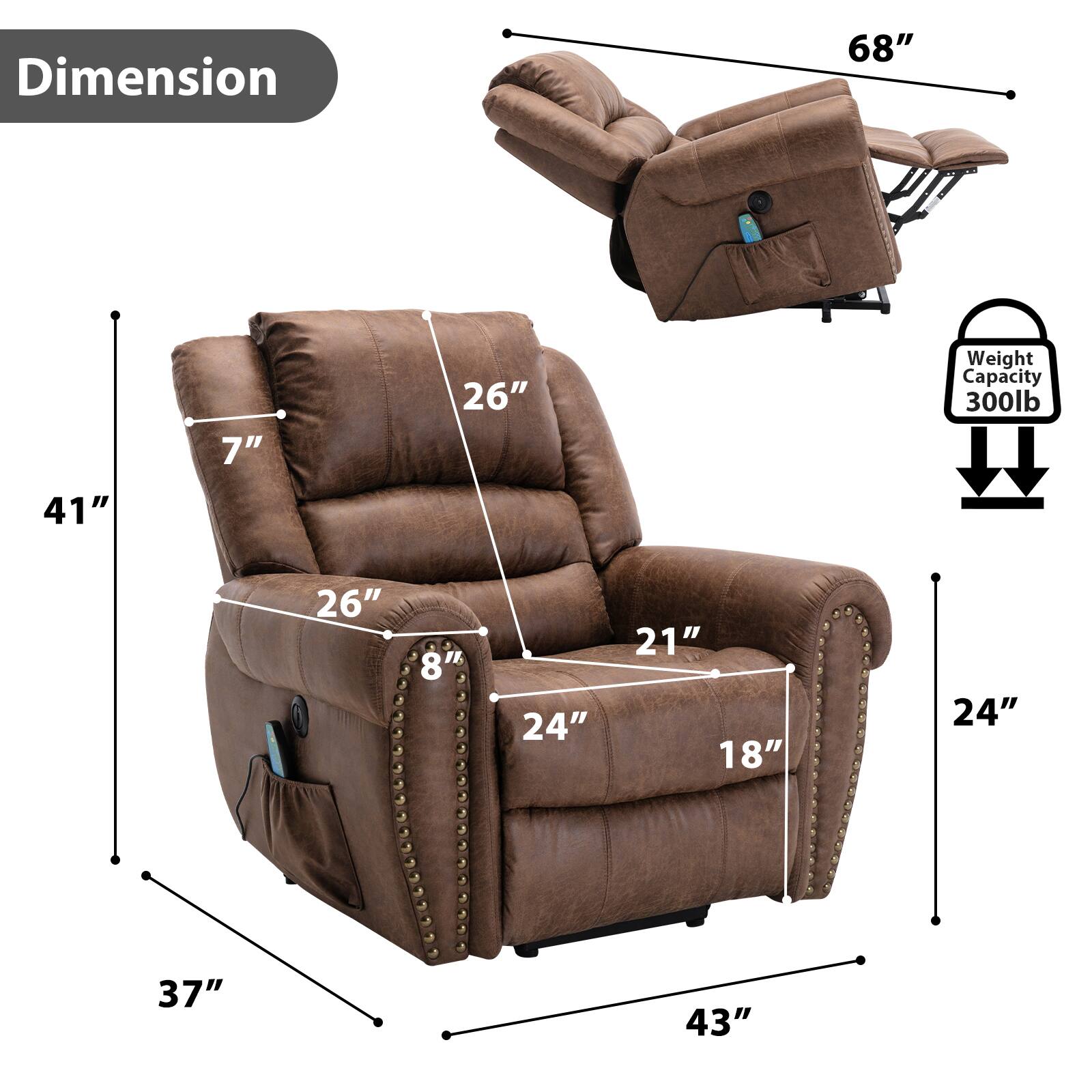 The text on the image reads: Dimension 68" 41" 7" 26" Weight Capacity 300lb 26" 8", 24" 21" 18" 24" 37" 43".