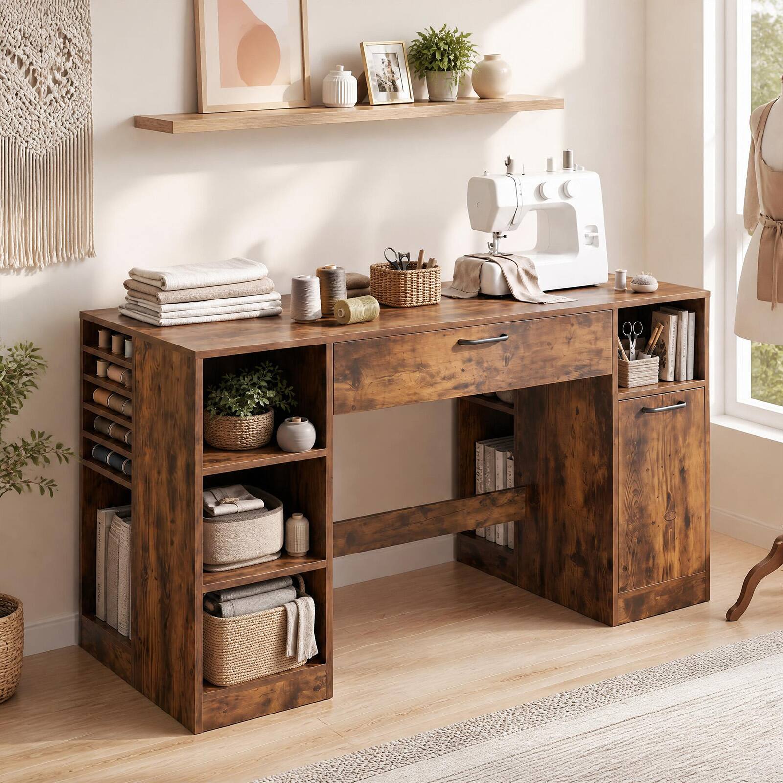 Alt View 3. Costway - Costway 53" Sewing Table with Power Outlets 2 Drawers Open Compartments 5 Removable Shelves - Rustic Brown.