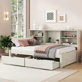 LUCKY ONE - Twin Size Bed Frame with Side Bookshelves, 2 Drawers, Built-in USB and Type-C Ports, No Box Spring Needed - Creamy White