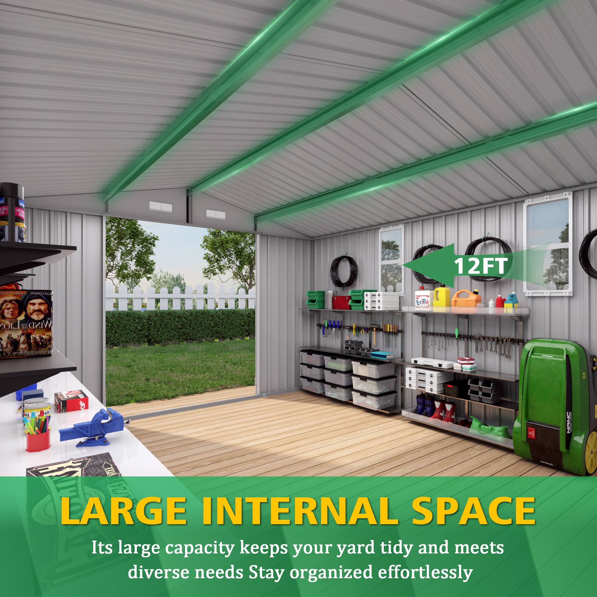 - 12FT
- LARGE INTERNAL SPACE
- Its large capacity keeps your yard tidy and meets diverse needs. Stay organized effortlessly.
