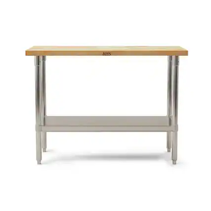 Front. John Boos - John Boos Maple Wood Top Work Table with Adjustable Lower Shelf, 48 x 30 x 1.5" - brown, silver.