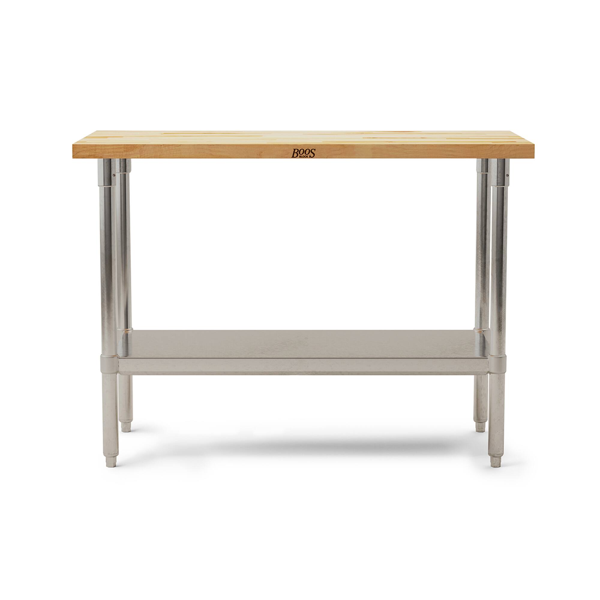 Front. John Boos - John Boos Maple Wood Top Work Table with Adjustable Lower Shelf, 48 x 30 x 1.5" - brown, silver.