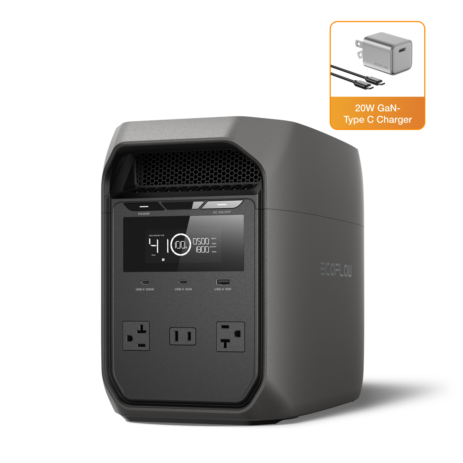 ECOLOW  
20W GaN- Type C Charger  
POWER  
AC ON/OFF  
- 91 4 - 5 USB-C 100W  
MI 0500 - 00 MAII 800 on US8-C 30W USO-A 10W