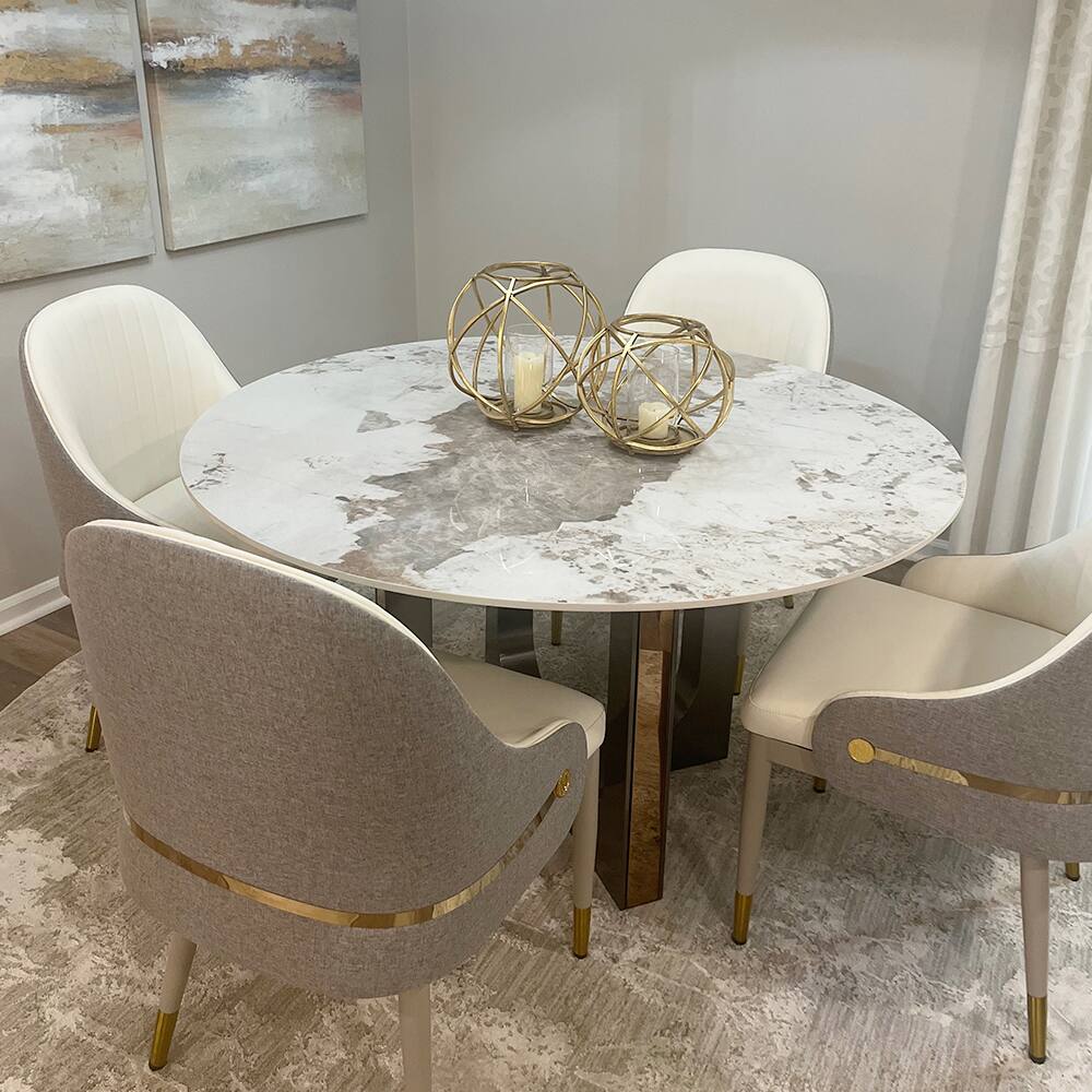 Left. POVISON - Modern Luxury Two-Tone Upholstered Dining Chairs Set of 2, Cotton Linen & Leather Side Chairs, Beige & Gray - Beige & Gray.