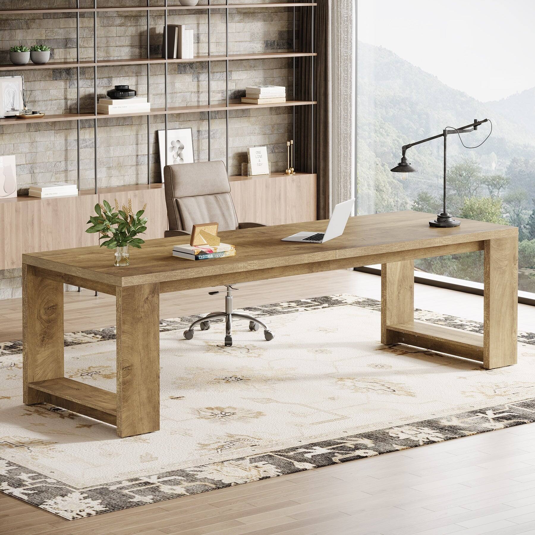 Back. Tribesigns - Office Meeting Table with Engineered Wood Construction, for Meetings and Collaborative Office Work - Light Brown.