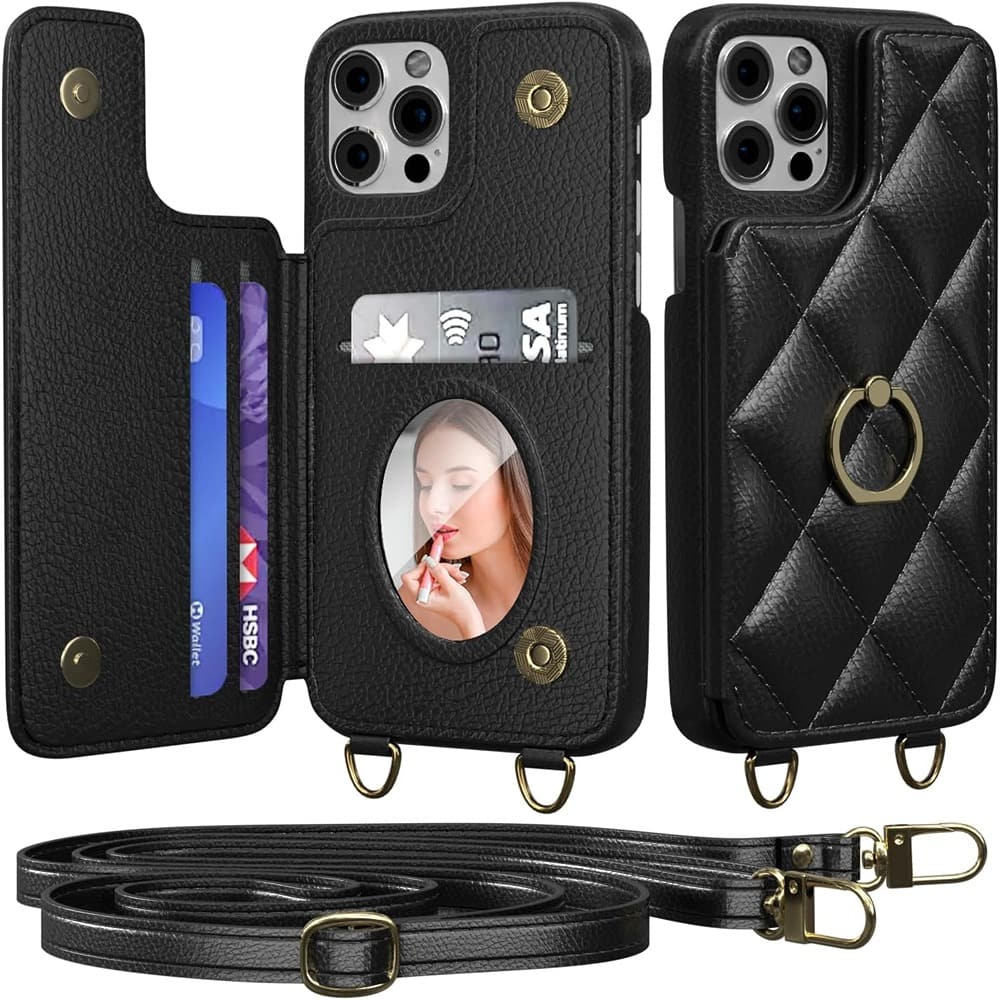 ACJPR - iPhone 13 Pro Max Crossbody Wallet Case, UP Leather, Card Slots, Black - Color: Black Size: iPhone 13 Pro Max